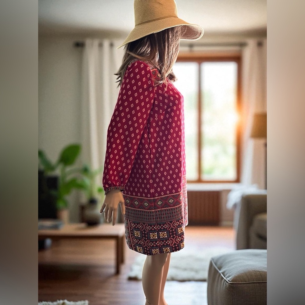 Loft diamond mozaic shift dress size S. Dark pink. Aztec Geometric Print. Boho. - Picture 5 of 10